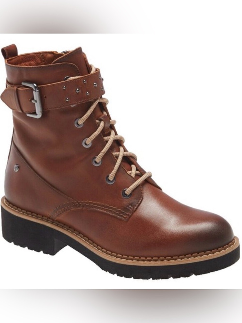 PIKOLINOS Tan Leather Lace-Up & Zip Up Ankle Boots with Studded Strap